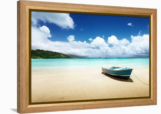 Boat on Beach Mahe Island, Seychelles-Iakov Kalinin-Framed Premier Image Canvas