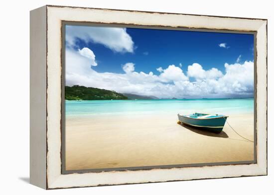 Boat on Beach Mahe Island, Seychelles-Iakov Kalinin-Framed Premier Image Canvas