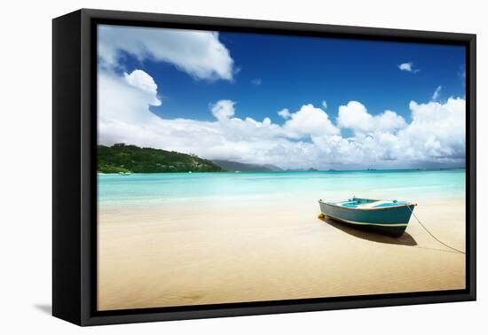 Boat on Beach Mahe Island, Seychelles-Iakov Kalinin-Framed Premier Image Canvas