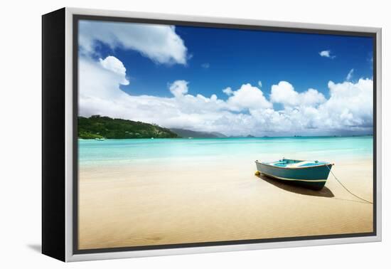 Boat on Beach Mahe Island, Seychelles-Iakov Kalinin-Framed Premier Image Canvas