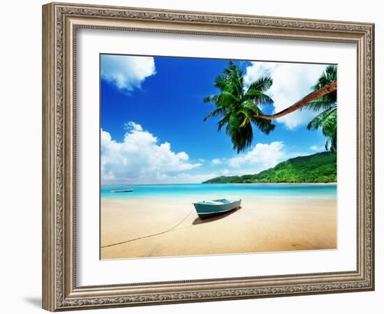 Boat on Beach Mahe Island, Seychelles-Iakov Kalinin-Framed Photographic Print