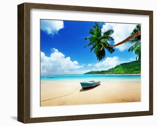 Boat on Beach Mahe Island, Seychelles-Iakov Kalinin-Framed Photographic Print