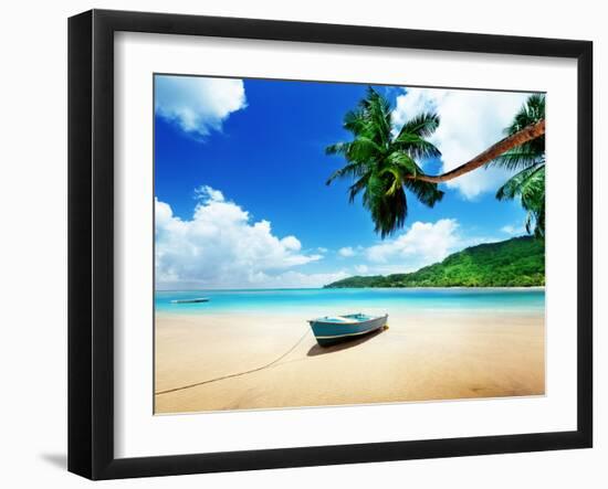 Boat on Beach Mahe Island, Seychelles-Iakov Kalinin-Framed Photographic Print