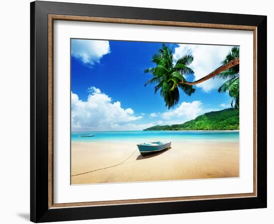 Boat on Beach Mahe Island, Seychelles-Iakov Kalinin-Framed Photographic Print