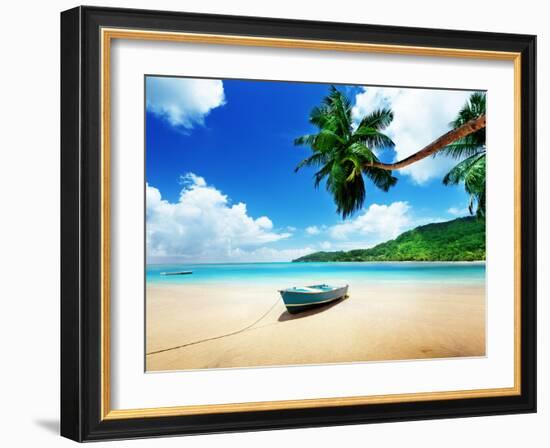 Boat on Beach Mahe Island, Seychelles-Iakov Kalinin-Framed Photographic Print