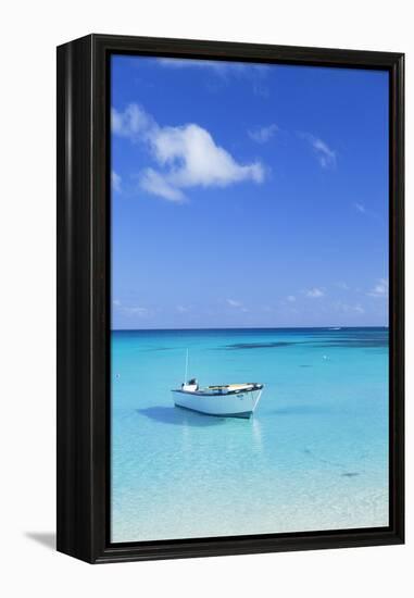 Boat on Blue Lagoon, Nacula Island, Yasawa Islands, Fiji-Ian Trower-Framed Premier Image Canvas