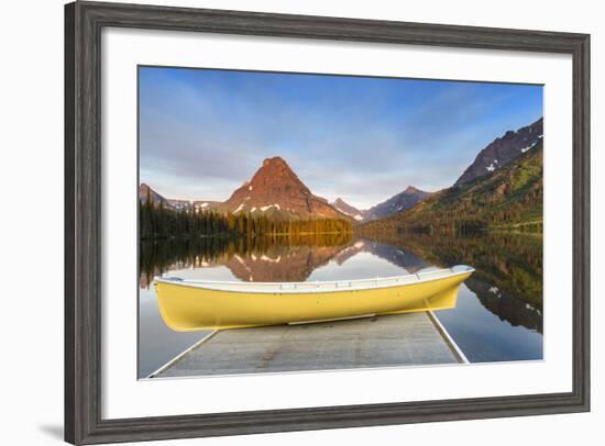 Boat on Calm Morning at Two Medicine Lake in Glacier National Park, Montana-Chuck Haney-Framed Photographic Print