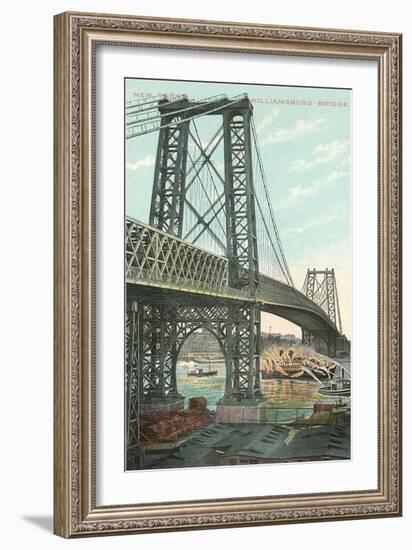 Boat on Fire under Williamsburg Bridge, New York City-null-Framed Art Print