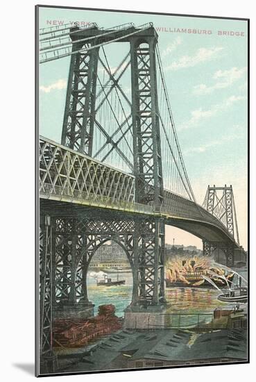 Boat on Fire under Williamsburg Bridge, New York City-null-Mounted Art Print