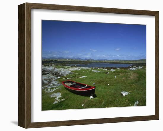 Boat on Green Foreshore, Landscape in Connemara, County Galway, Connacht, Republic of Ireland-Lawrence Graham-Framed Photographic Print