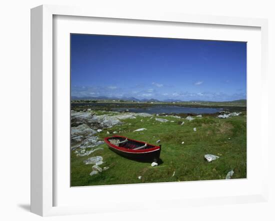 Boat on Green Foreshore, Landscape in Connemara, County Galway, Connacht, Republic of Ireland-Lawrence Graham-Framed Photographic Print