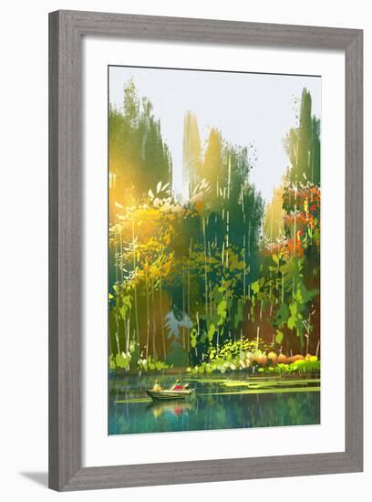 Boat on the Lake,Summer Forest,Landscape Painting-Tithi Luadthong-Framed Art Print