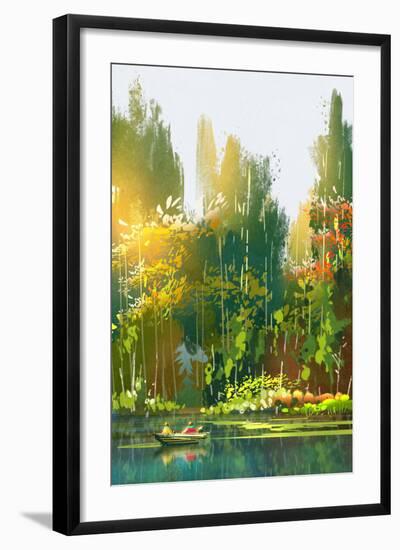 Boat on the Lake,Summer Forest,Landscape Painting-Tithi Luadthong-Framed Art Print