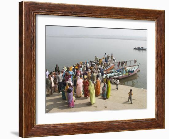 Boat on the River Ganges While a Cremation Takes Place, Varanasi, Uttar Pradesh State, India-Tony Waltham-Framed Photographic Print