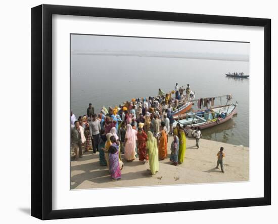 Boat on the River Ganges While a Cremation Takes Place, Varanasi, Uttar Pradesh State, India-Tony Waltham-Framed Photographic Print