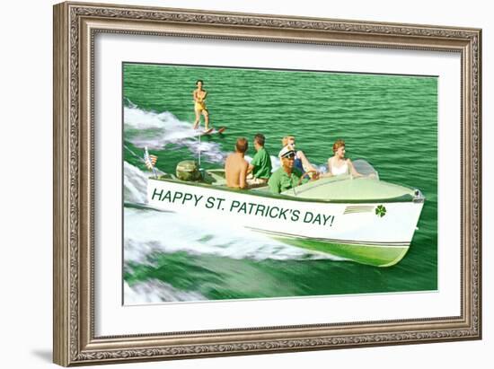 Boat Pulling Water Skier over Green Water, St. Patrick's Day-null-Framed Art Print