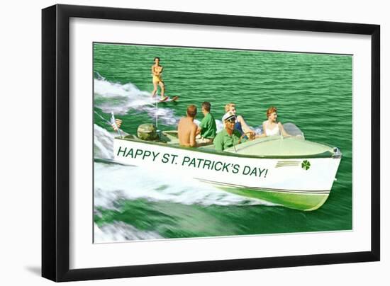 Boat Pulling Water Skier over Green Water, St. Patrick's Day-null-Framed Art Print