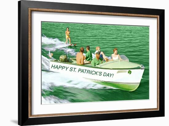 Boat Pulling Water Skier over Green Water, St. Patrick's Day-null-Framed Art Print