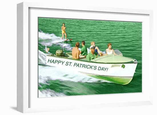 Boat Pulling Water Skier over Green Water, St. Patrick's Day-null-Framed Art Print