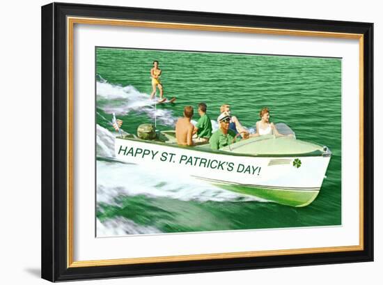 Boat Pulling Water Skier over Green Water, St. Patrick's Day-null-Framed Art Print