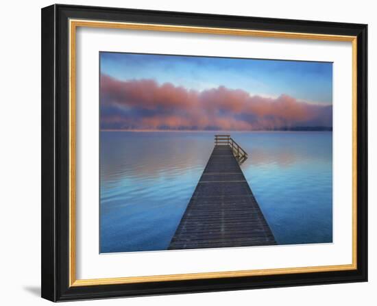 Boat ramp and fog bench, Bavaria, Germany-Frank Krahmer-Framed Art Print