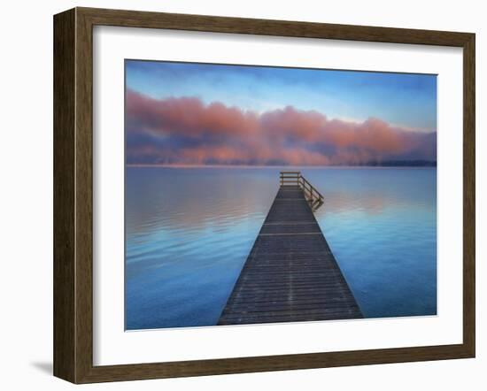 Boat ramp and fog bench, Bavaria, Germany-Frank Krahmer-Framed Art Print