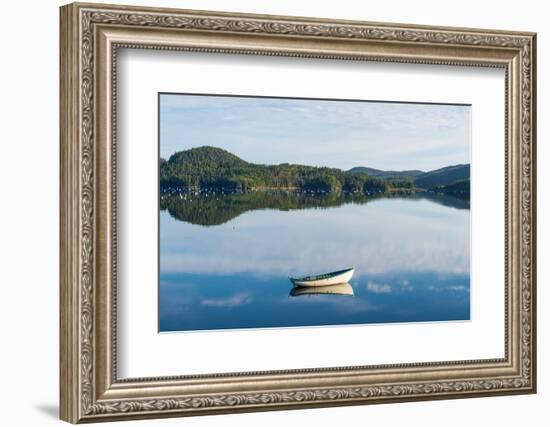 Boat reflection and buoys on a mussel farm in Trinity Bay, Newfoundland and Labrador, Canada-null-Framed Photographic Print