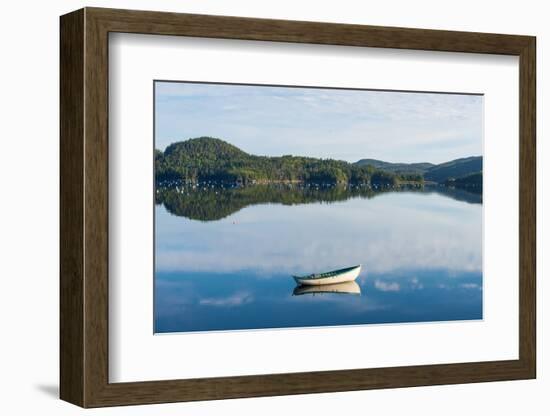 Boat reflection and buoys on a mussel farm in Trinity Bay, Newfoundland and Labrador, Canada-null-Framed Photographic Print