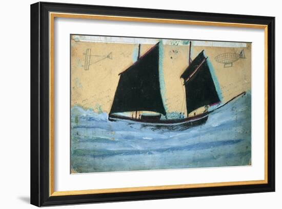 Boat with Plane and Airship (Oil and Pencil on Cardboard)-Alfred Wallis-Framed Giclee Print