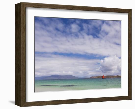 Boat with Red Sails Off Traigh Bhan Beach, Iona, Sound of Iona, Scotland, United Kingdom, Europe-Neale Clarke-Framed Photographic Print