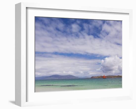 Boat with Red Sails Off Traigh Bhan Beach, Iona, Sound of Iona, Scotland, United Kingdom, Europe-Neale Clarke-Framed Photographic Print