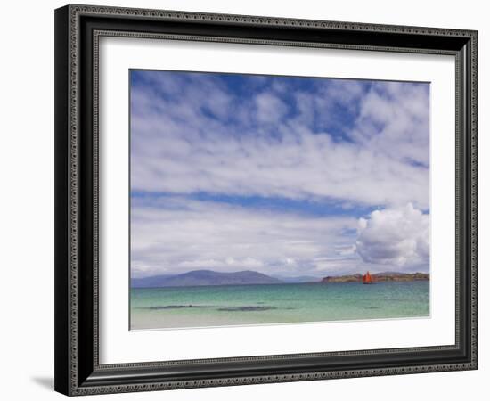 Boat with Red Sails Off Traigh Bhan Beach, Iona, Sound of Iona, Scotland, United Kingdom, Europe-Neale Clarke-Framed Photographic Print