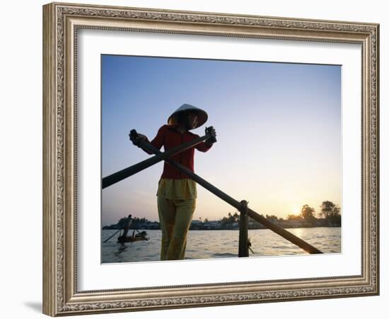 Boat Woman on Mekong River / Sunrise, Cantho, Mekong Delta, Vietnam-Steve Vidler-Framed Photographic Print