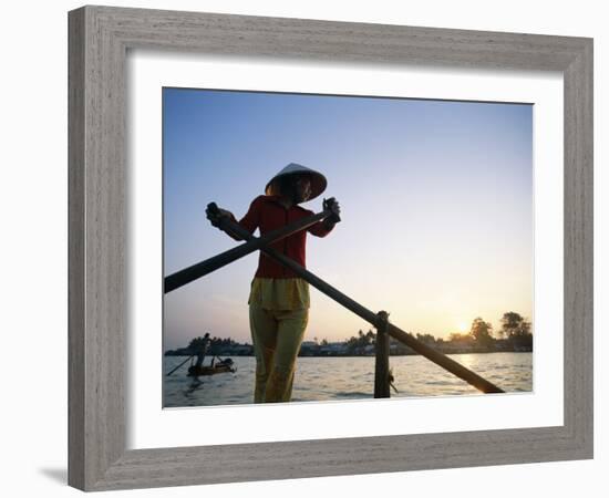 Boat Woman on Mekong River / Sunrise, Cantho, Mekong Delta, Vietnam-Steve Vidler-Framed Photographic Print