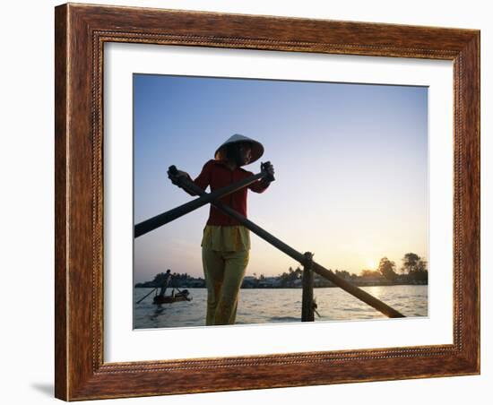 Boat Woman on Mekong River / Sunrise, Cantho, Mekong Delta, Vietnam-Steve Vidler-Framed Photographic Print