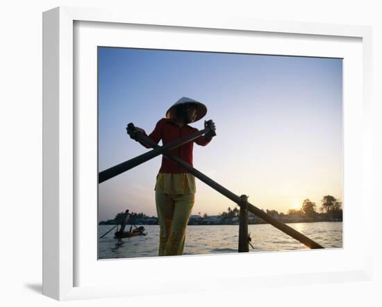 Boat Woman on Mekong River / Sunrise, Cantho, Mekong Delta, Vietnam-Steve Vidler-Framed Photographic Print