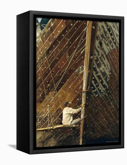 Boatbuilder, Sunda Kelapa (Old Port), Jakarta (Djakarta), Java, Indonesia-Charles Bowman-Framed Premier Image Canvas