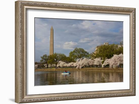 Boaters On Tidal Basin, Cherry Blossom Trees Full Bloom, Washington Monument Bkgd, Washington, DC-Karine Aigner-Framed Photographic Print