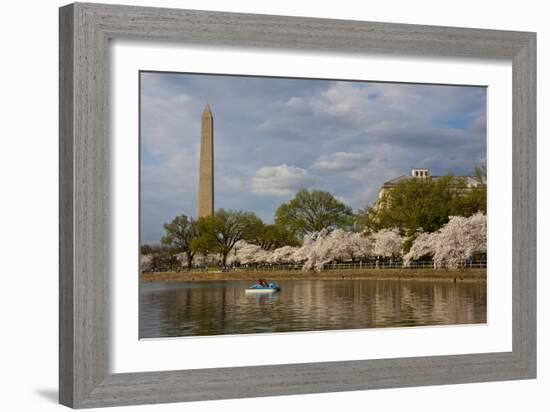 Boaters On Tidal Basin, Cherry Blossom Trees Full Bloom, Washington Monument Bkgd, Washington, DC-Karine Aigner-Framed Photographic Print