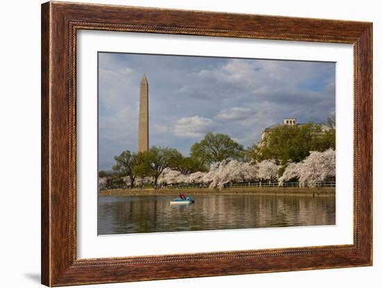 Boaters On Tidal Basin, Cherry Blossom Trees Full Bloom, Washington Monument Bkgd, Washington, DC-Karine Aigner-Framed Photographic Print