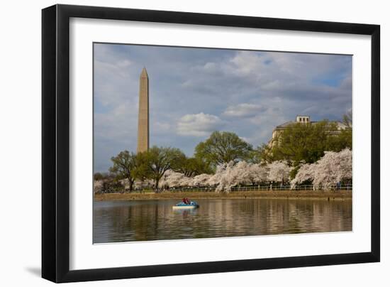 Boaters On Tidal Basin, Cherry Blossom Trees Full Bloom, Washington Monument Bkgd, Washington, DC-Karine Aigner-Framed Photographic Print