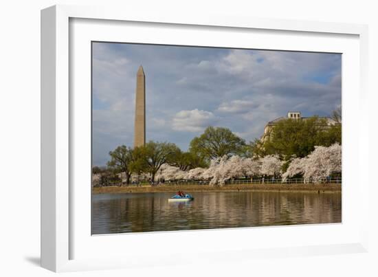 Boaters On Tidal Basin, Cherry Blossom Trees Full Bloom, Washington Monument Bkgd, Washington, DC-Karine Aigner-Framed Photographic Print