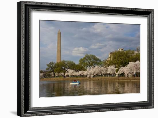 Boaters On Tidal Basin, Cherry Blossom Trees Full Bloom, Washington Monument Bkgd, Washington, DC-Karine Aigner-Framed Photographic Print