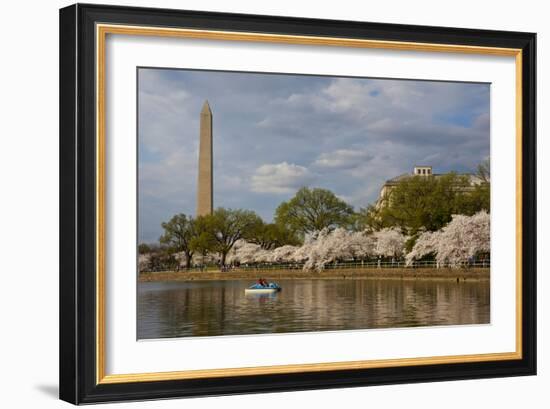 Boaters On Tidal Basin, Cherry Blossom Trees Full Bloom, Washington Monument Bkgd, Washington, DC-Karine Aigner-Framed Photographic Print