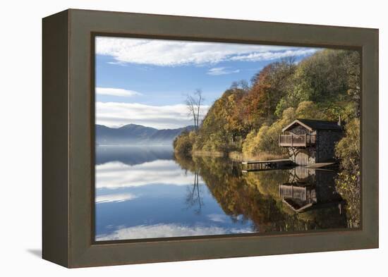 Boathouse and reflections, Lake Ullswater, Lake District National Park, Cumbria, England, United Ki-James Emmerson-Framed Premier Image Canvas