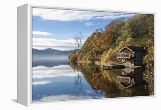 Boathouse and reflections, Lake Ullswater, Lake District National Park, Cumbria, England, United Ki-James Emmerson-Framed Premier Image Canvas