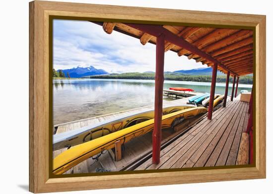 Boathouse, Maligne Lake, Canada-George Oze-Framed Premier Image Canvas