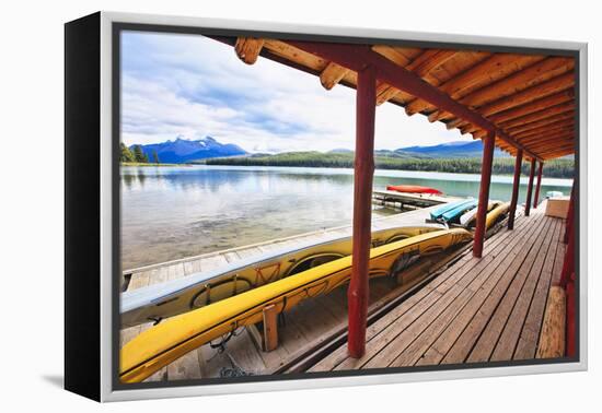 Boathouse, Maligne Lake, Canada-George Oze-Framed Premier Image Canvas