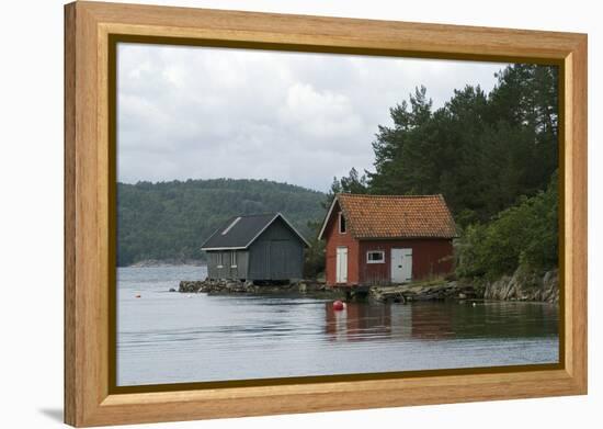 Boathouses in the Sea 'Fjords' at Hovag, Near Kristiansand, Norway-Natalie Tepper-Framed Stretched Canvas