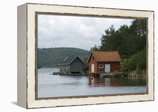 Boathouses in the Sea 'Fjords' at Hovag, Near Kristiansand, Norway-Natalie Tepper-Framed Stretched Canvas
